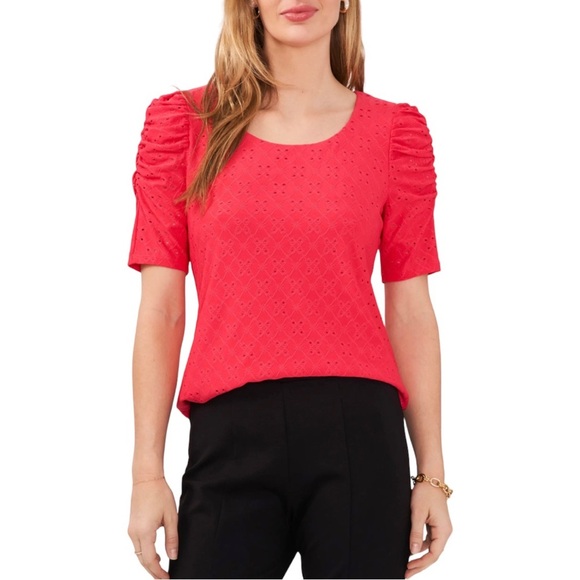 CeCe | Melon Color Eyelet Ruched Sleeve Knit Top - Picture 1 of 9